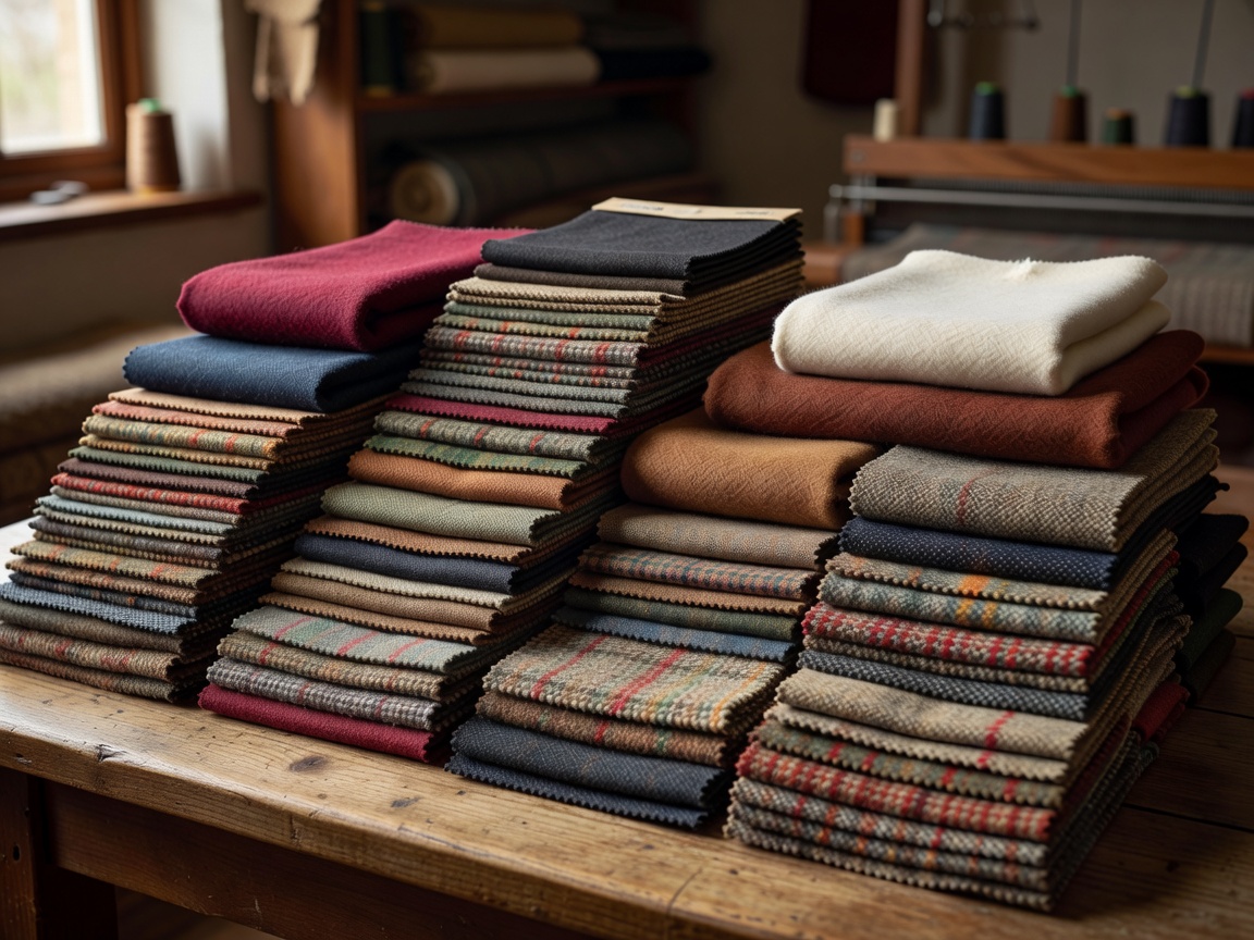 Collection of worsted wool, Donegal tweed, and heavy flannel swatches from European mills