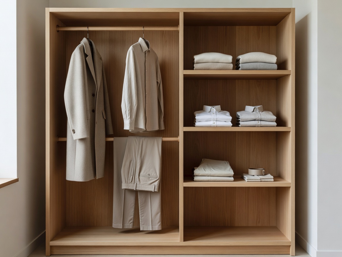 Curated neutral menswear garments arranged in a minimalist cedar wardrobe