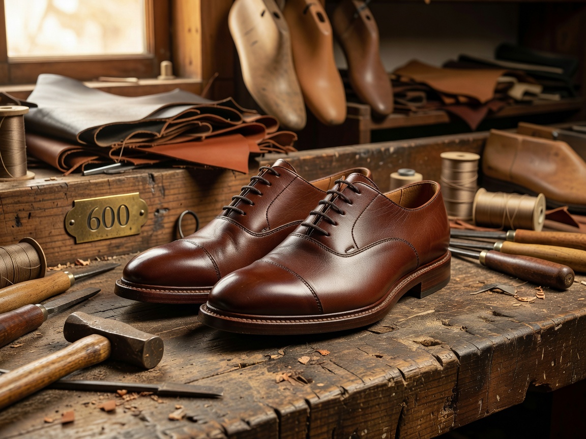 Handcrafted Goodyear welted Oxford dress shoes resting on workbench