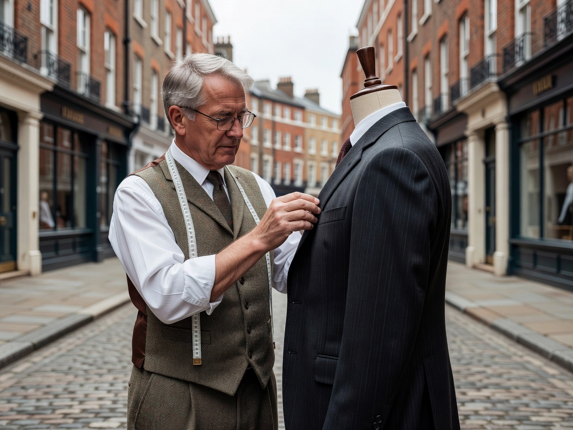 Master tailor examining garment drape and shoulder seam construction on Savile Row