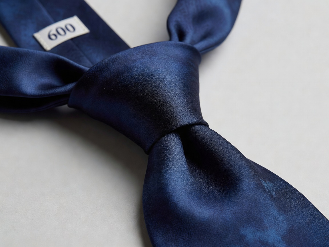 Navy madder silk tie tied with a clean four-in-hand knot and deep dimple