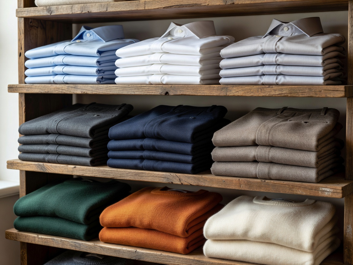 Selection of neatly folded poplin shirts, wool trousers, and knitwear on wooden shelf