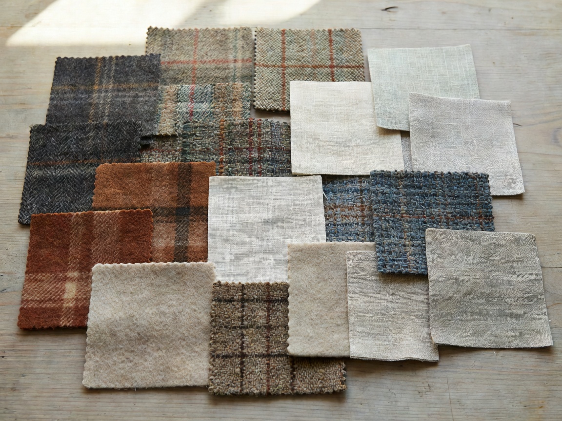 Selection of woven wool flannel, tweed, and Irish linen fabric swatches