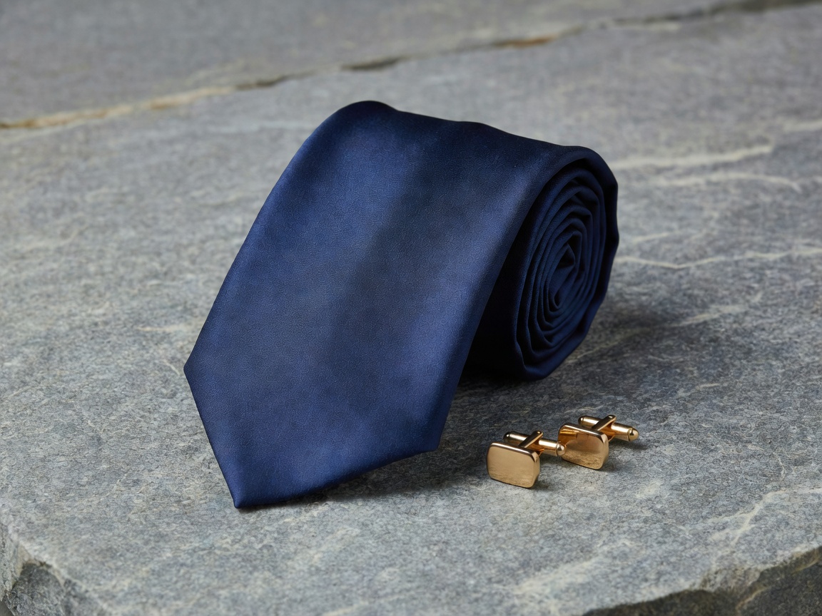 Seven-fold silk necktie with rolled edges and solid brass cufflinks on stone surface