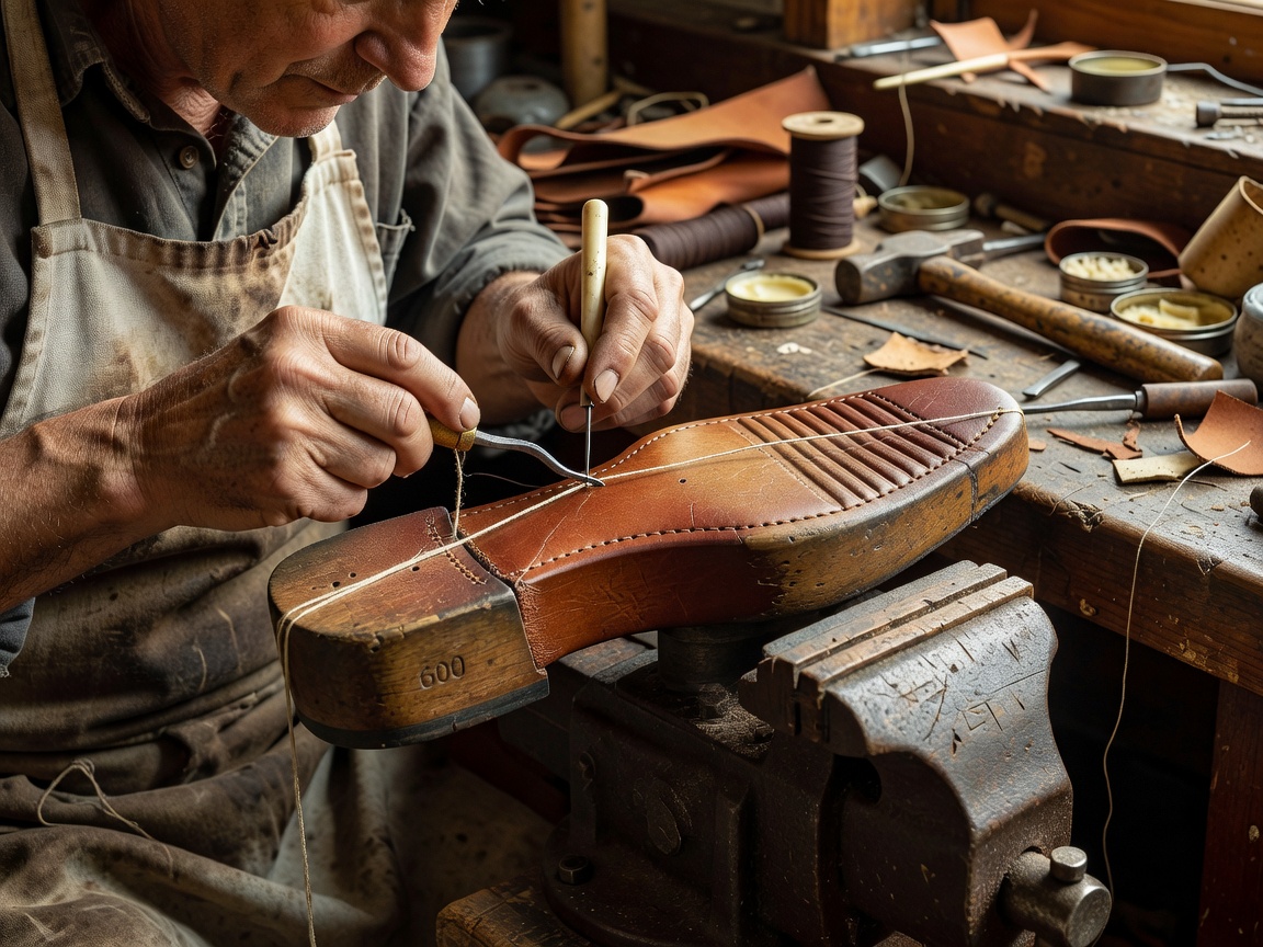 Shoemaker stitching leather welt to insole rib on a wooden last
